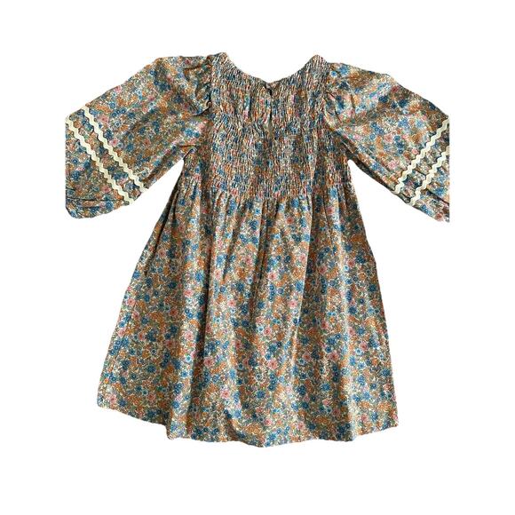 Zara Girls Floral Smocked Dress Wavy Trim Puff Sleeved Cotton Multicolored Sz 4 - Picture 2 of 5